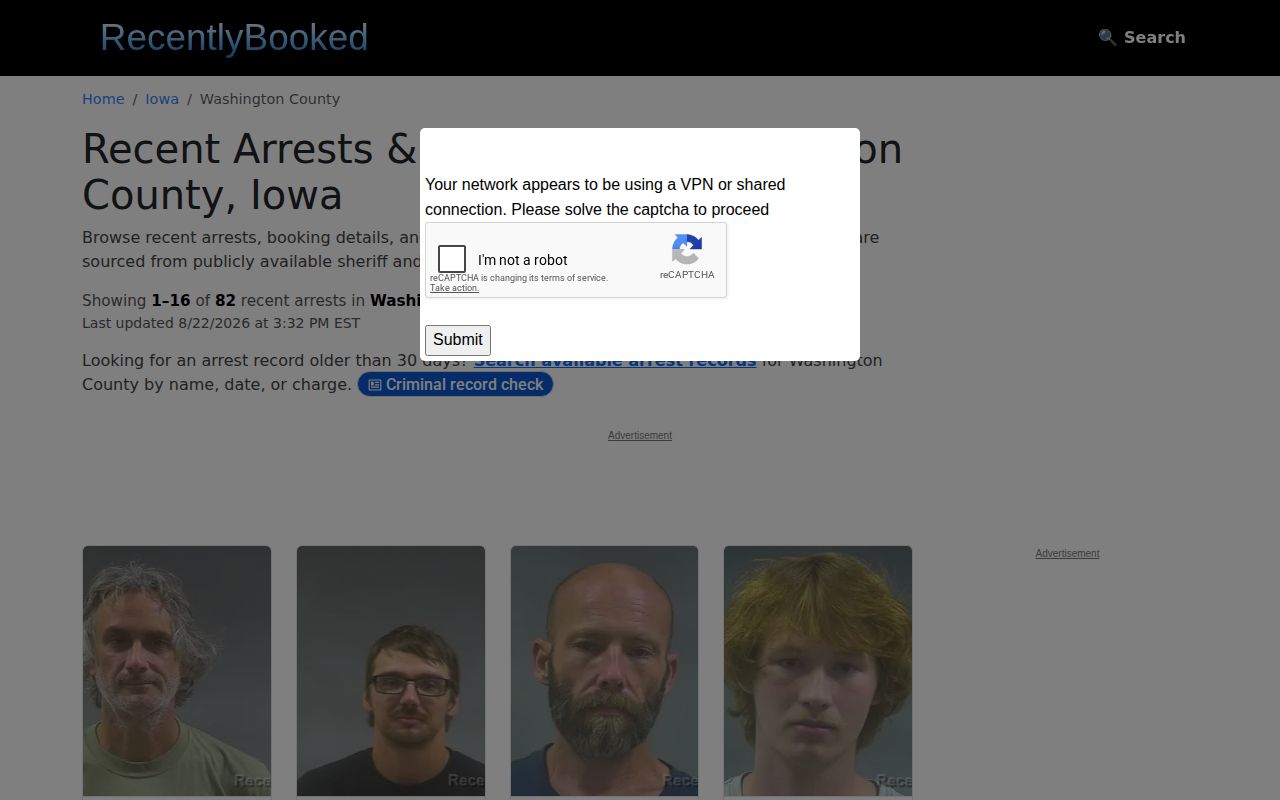 Unofficial Washington County booking page interface